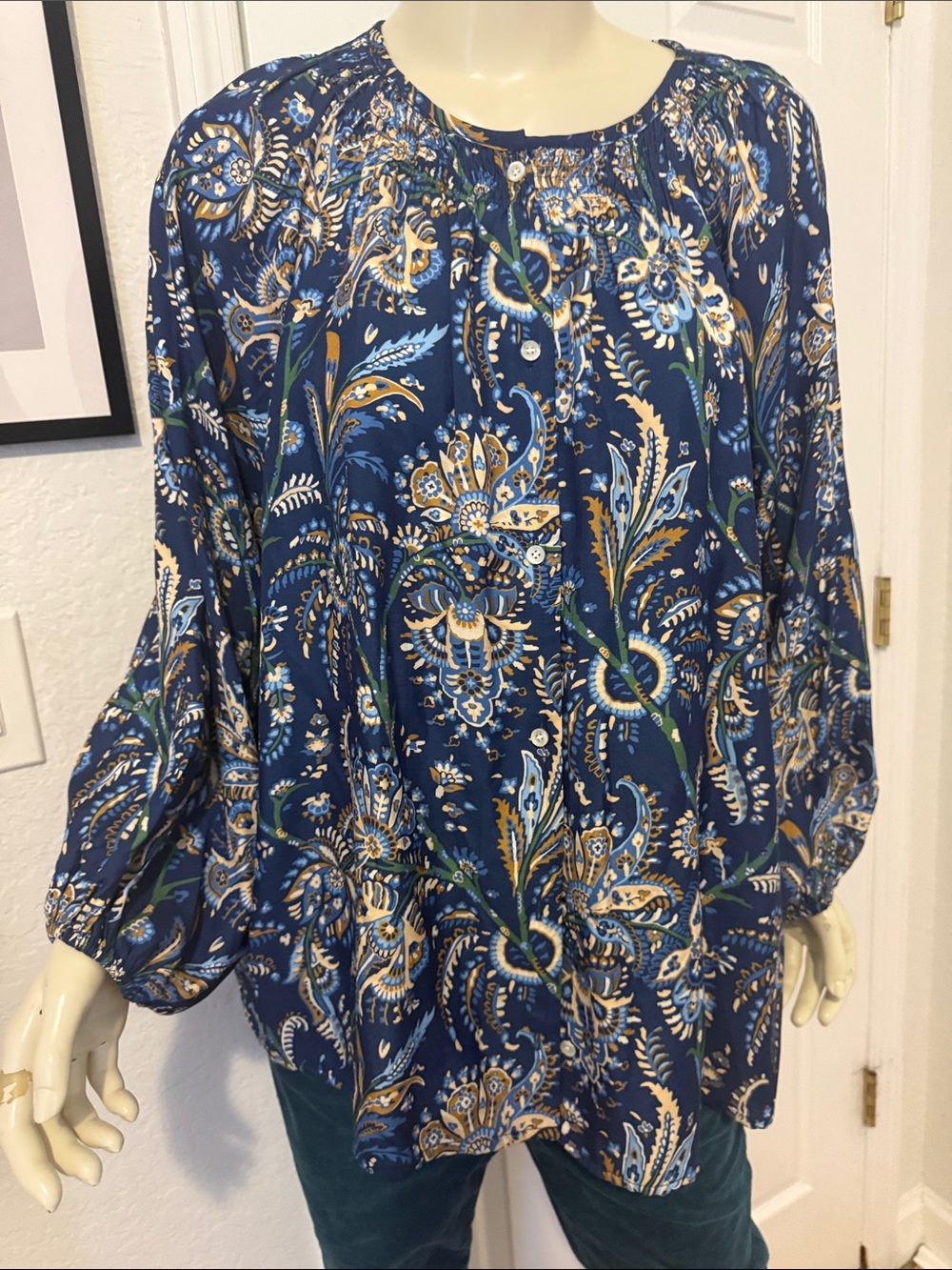J. McLaughlin Navy Paisley Button-Front Tunic with Gold & Green Accents